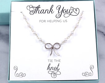 Bridesmaid Gift: Pearl Bow Necklace, sterling silver, ribbon charm, bridesmaid, maid of honor, matron of honor, thank you, handmade jewelry