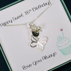 Personalized Sweet 16 Necklace Sterling Silver, Custom Initial, Charm Necklace, Sweet Sixteen Jewelry, Daughter Birthday, Butterfly Necklace