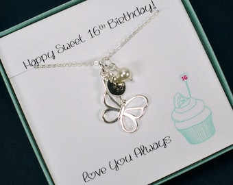 Personalized Sweet 16 Necklace Sterling Silver, Custom Initial, Charm Necklace, Sweet Sixteen Jewelry, Daughter Birthday, Butterfly Necklace