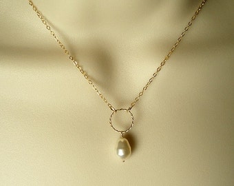 Gold Circle Necklace for Women | Single Pearl Necklace | Pearl Drop Necklace | 14k Gold Filled with  Pearl | Made in USA