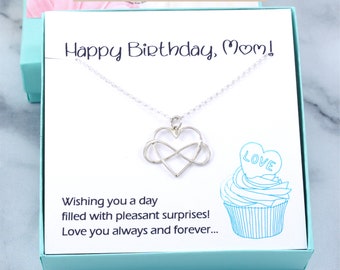 Mom Birthday Gift: Infinity heart necklace sterling silver with personal custom love you always card for mothers. Ships fast, ready to gift!