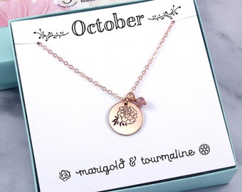 October Birth Flower Birthstone Necklace, personalized birthday gift, marigold pendant, pink tourmaline gemstone, silver, gold, rose gold