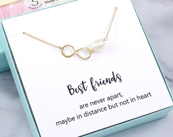 Best Friend Necklace Gift: Gold infinity pearl jewelry for BFF, long distance friendship, birthday, thank you, Christmas holiday present