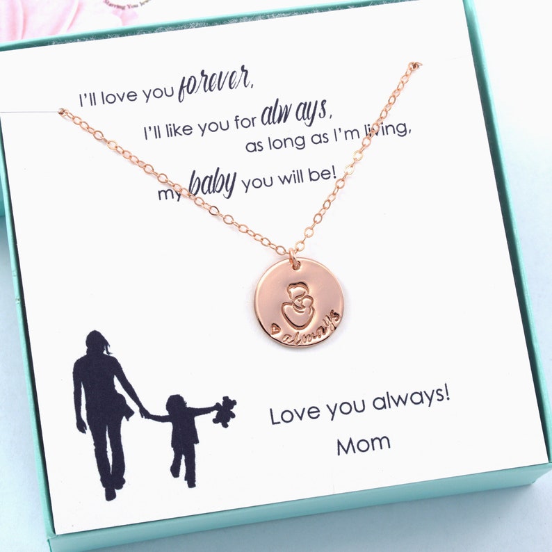 Daughter Gift: Mom & Child Heart Always Necklace, 14k rose-gold filled, personalized hand stamped jewelry for birthday, holiday, graduation image 1