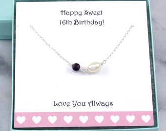 Sweet 16 Gift | Birthstone Freshwater Pearl Necklace, sterling silver, sweet sixteen birthday gift for daughter, gemstone bead jewelry