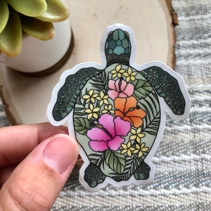 Turtle Sticker- sea turtle- floral turtle sticker- ocean stickers, laptop stickers, waterproof sticker