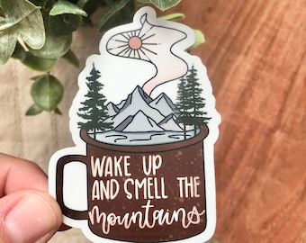 Coffee Mug Sticker-Coffee Mountain Vinyl Decal- Hot Cocoa Mug Sticker- adventures fueled by coffee- coffee sticker- camping mug sticker