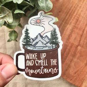 Coffee Mug Sticker-Coffee Mountain Vinyl Decal- Hot Cocoa Mug Sticker- adventures fueled by coffee- coffee sticker- camping mug sticker