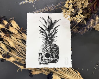 Skull Pineapple Tattoo Art Print - Black & Grey Artwork