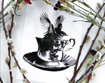 Surreal Bird & Teacup Print