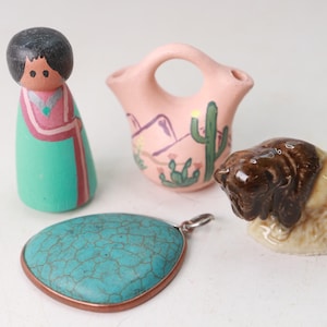 Vintage Miniature Pottery Collection - Hand Made Miniature Pottery - Native American Pottery - Ceramic Buffalo - Magnasite Pendant
