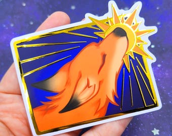 Sun Fox 4" Sticker, Raised Gold Foil Vinyl Sticker Good for Indoor/Outdoor, wolf,