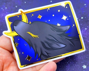 Moon Wolf Sticker, Raised Gold Foil Vinyl Decal, 4"