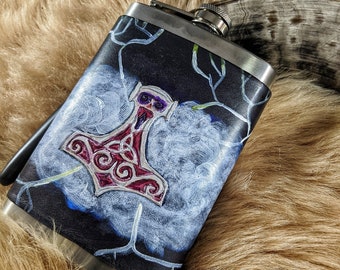 Thor's Hammer Mjolnir Leather Wrapped Flask
