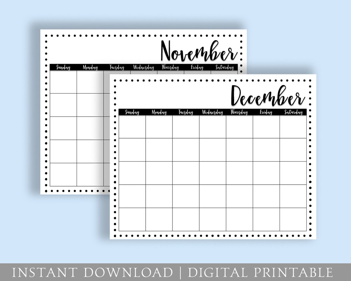 Calendar Monthly Blank Printable Digital Files Desk - Etsy