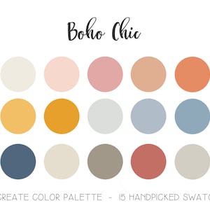 May include: A colour palette with 15 handpicked swatches in shades of beige, pink, orange, yellow, blue, and grey. The text "Boho Chic" is at the top of the image. The text "Procreate Colour Palette - 15 Handpicked Swatches" is at the bottom of the image.