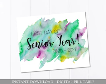 First Day of School Sign, Senior Year, Watercolor, Purple Green, First Day of School, Back to School Sign, 8x10 DIGITAL Printable JPEG