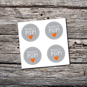 Ready To Pop, Baby Shower Party Favor, DIGITAL Sticker Printable, Gray Orange Heart, Party Game, jpeg pdf Print at Home DIY