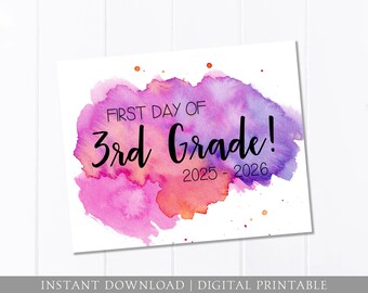 First Day of School Sign, Third Grade, Watercolor, First Day Sign, Pink Purple, Back to School Sign, 8x10 DIGITAL Printable JPEG Download