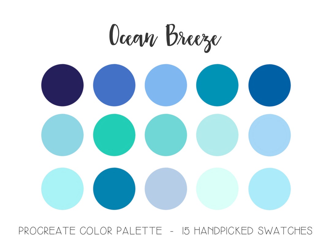Palette de couleurs Nuances de bleu, Ocean Breeze, échantillons Procreate,  bleu mer vert sarcelle, palette dapplications iPad, valeurs hexadécimales,  ...