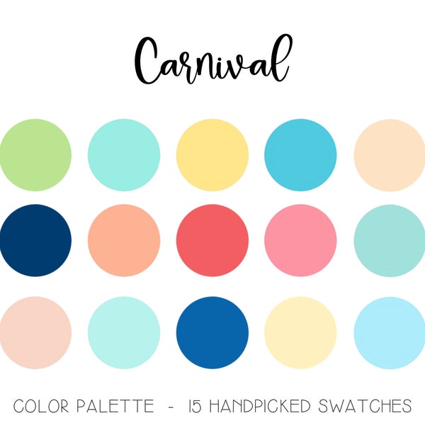 Bold Color Palette, Procreate Swatches, Shades of Blue Green Yellow Pink Peach, Hex Values, PMS Pantone, Design Inspiration, Bright Circus