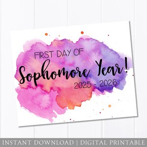 First Day of School Sign, Sophomore Year, Watercolor, First Day Sign, Pink Purple, Back to School Sign, 8x10 DIGITAL Printable JPEG Download