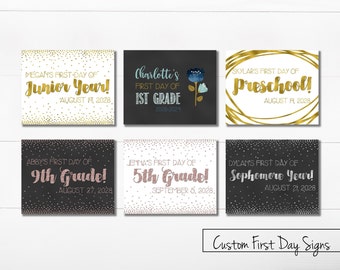 Letrero personalizado para el primer día de clases, letrero de regreso a clases, cualquier grado, agregar fecha y nombre, oro rosa, JPEG digital imprimible de 8x10, linda niña del primer día