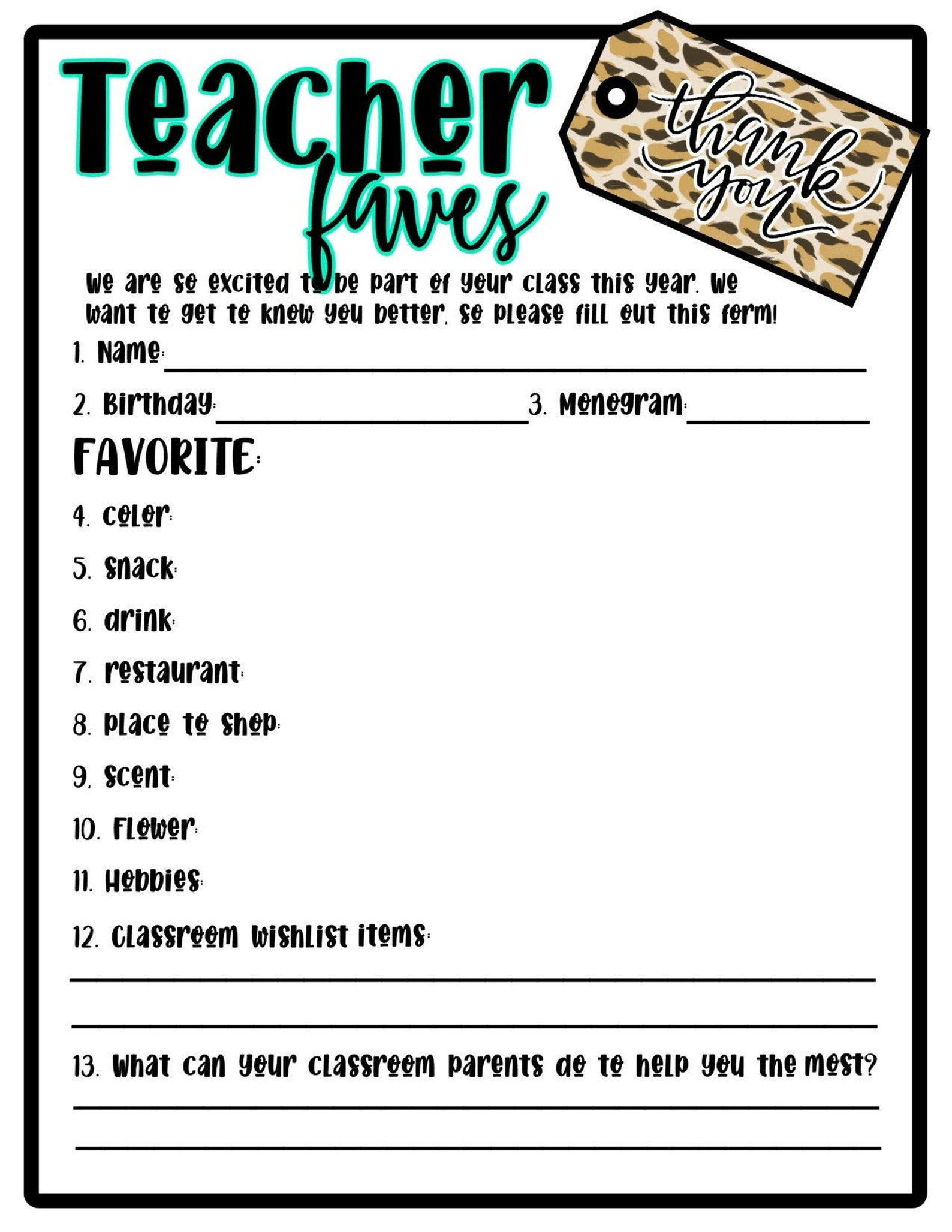 Teacher Favorites Form Beginning of the Year/teacher Appreciation/pta ...