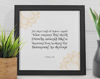 1 Peter 5:8 Framed Canvas | Scripture Decor | Christian Wall Art | Bible Verse Wall Art