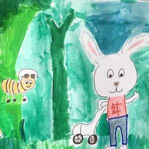 Ready to ship, Michael Bunny meets Jesse Bee, Lawnmower, Forest scene, Lilymoonsigns Painting, Decor, image 2