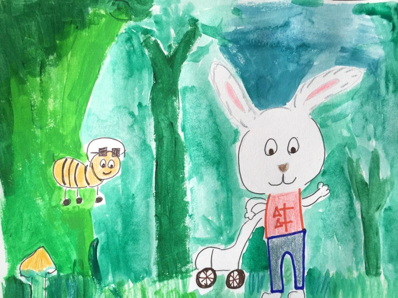 Ready to ship, Michael Bunny meets Jesse Bee, Lawnmower, Forest scene, Lilymoonsigns Painting, Decor, image 2