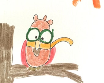 Owl with glasses, Hanging out, Home decor, Art, Illustration, Lilymoonsigns,
