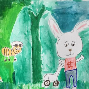 Ready to ship, Michael Bunny meets Jesse Bee, Lawnmower, Forest scene, Lilymoonsigns Painting, Decor, image 3