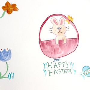 Happy Easter,Peach Bunny in Red Basket, 2 eggs, Purple Tulip, Orange Flower, image 2