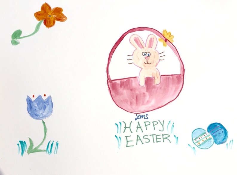 Happy Easter,Peach Bunny in Red Basket, 2 eggs, Purple Tulip, Orange Flower, image 2