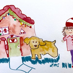 Ready to ship, Holiday House, dog, Girl, Lilymoonsigns, Artprint, Greetingcard, Christmas card, image 1