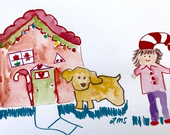 Pronto per la spedizione, casa vacanza, cane, ragazza, Lilymoonsigns, Artprint, cartolina d'auguri, biglietto di Natale,