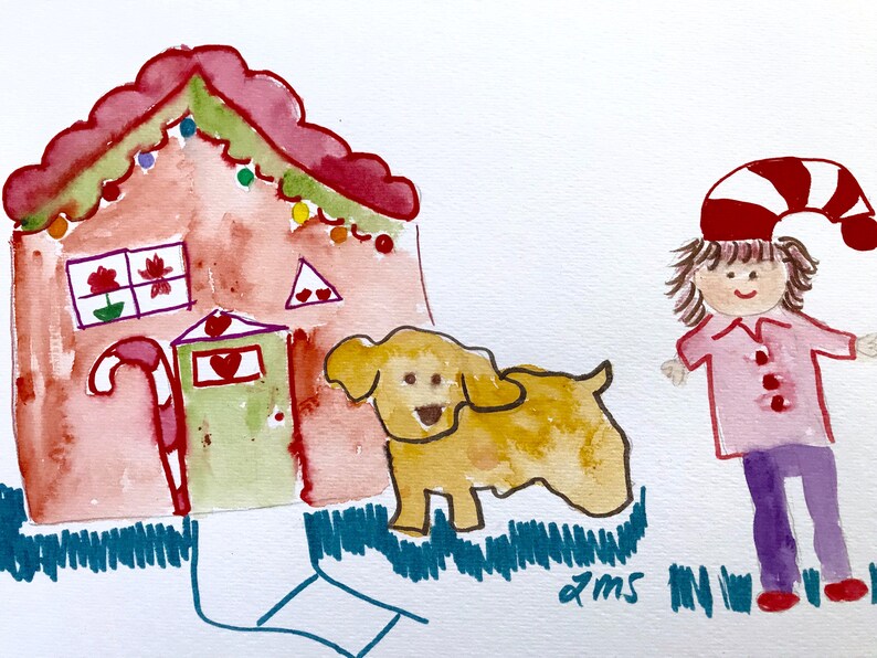 Ready to ship, Holiday House, dog, Girl, Lilymoonsigns, Artprint, Greetingcard, Christmas card, image 1