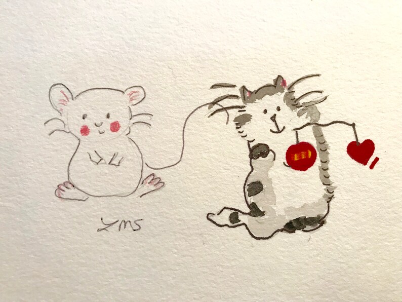 Cat and Mouse friendship card christmas card Christmas ornaments playing around