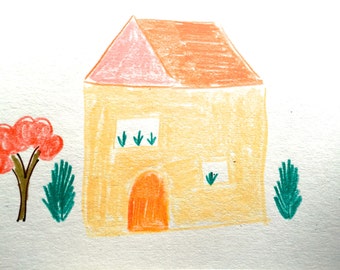 Yellow House, Orange Roof, Welcome to your new home card , Lilymoonsigns, illustration