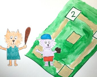 Liz and John, playball, Baseball, Greenfield, Cats playing baseball, Art, Decor, Lilymoonsigns,  Green, orange, blue, beige,teal, white,