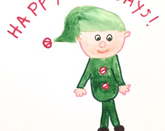 Buone vacanze, Elfo, Cartolina di Natale, Lilymoonsigns, Verde, Rosso Bianco,