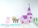 Gabriel meets Finola, Pig, Horse meet at Church, MeetingFriends, Purple Pink Brown Decor, Art, Lilymoonsigns, illustration 