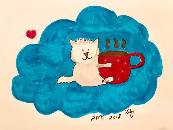 lets have coffee, Cat with teacup Lilymoonsigns greeting card Tea time art print