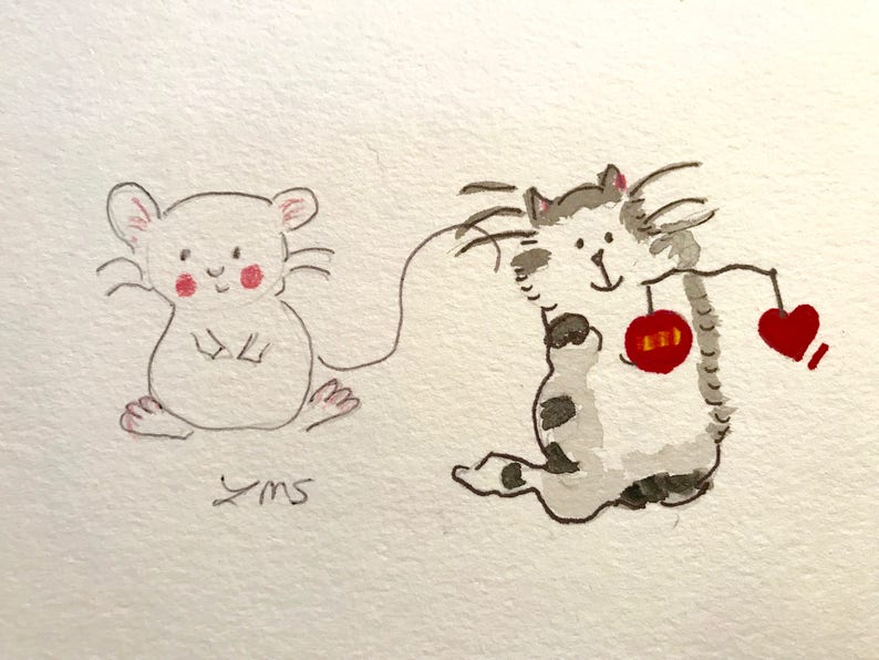 Cat and Mouse friendship card christmas card Christmas ornaments playing around