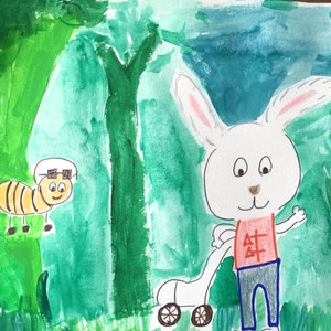 Ready to ship, Michael Bunny meets Jesse Bee, Lawnmower, Forest scene, Lilymoonsigns Painting, Decor, image 1