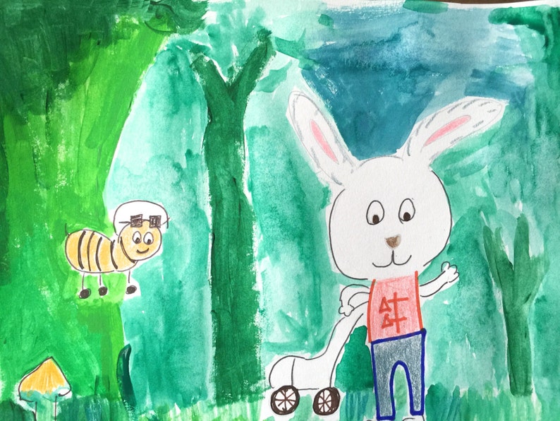 Ready to ship, Michael Bunny meets Jesse Bee, Lawnmower, Forest scene, Lilymoonsigns Painting, Decor, image 1