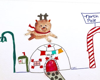 Pronto per la spedizione, Happy Reindeer, Merry Christmas Card, North Pole, Streetlight, Igloo home, , Greeting card,