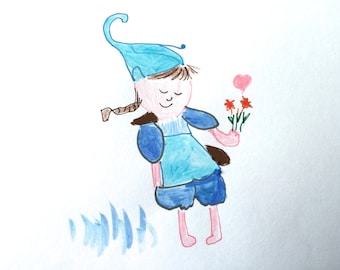 Gnome Girl, Lilymoonsigns, White Blue Decor, Greeting Card, Thinking of you,