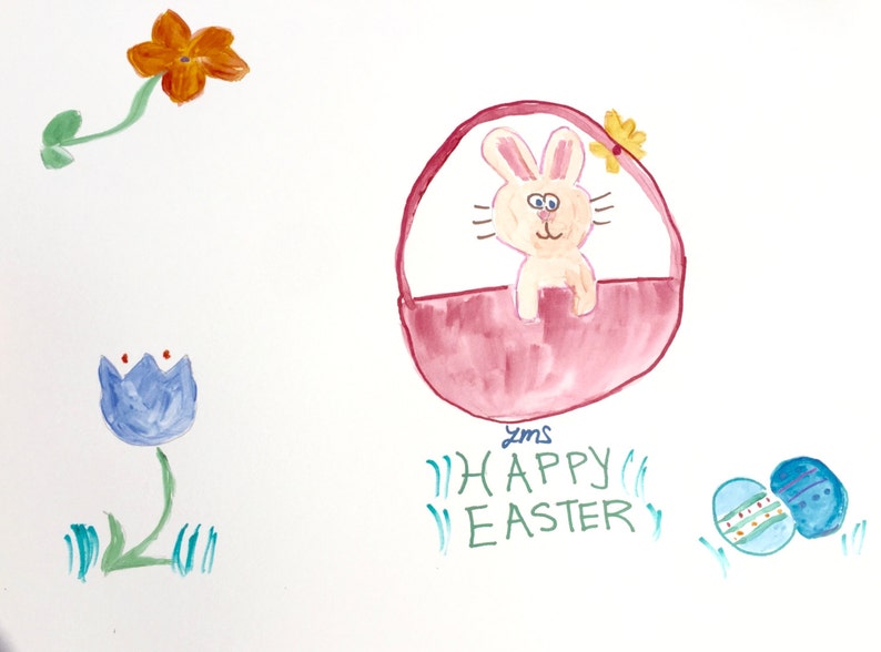 Happy Easter,Peach Bunny in Red Basket, 2 eggs, Purple Tulip, Orange Flower, image 1